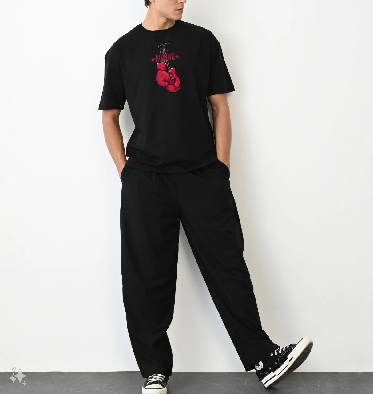 Erkek Boks Eldiven Baskılı T-Shirt Kısa Kol Bisiklet Yaka Regular Tişört – Siyah