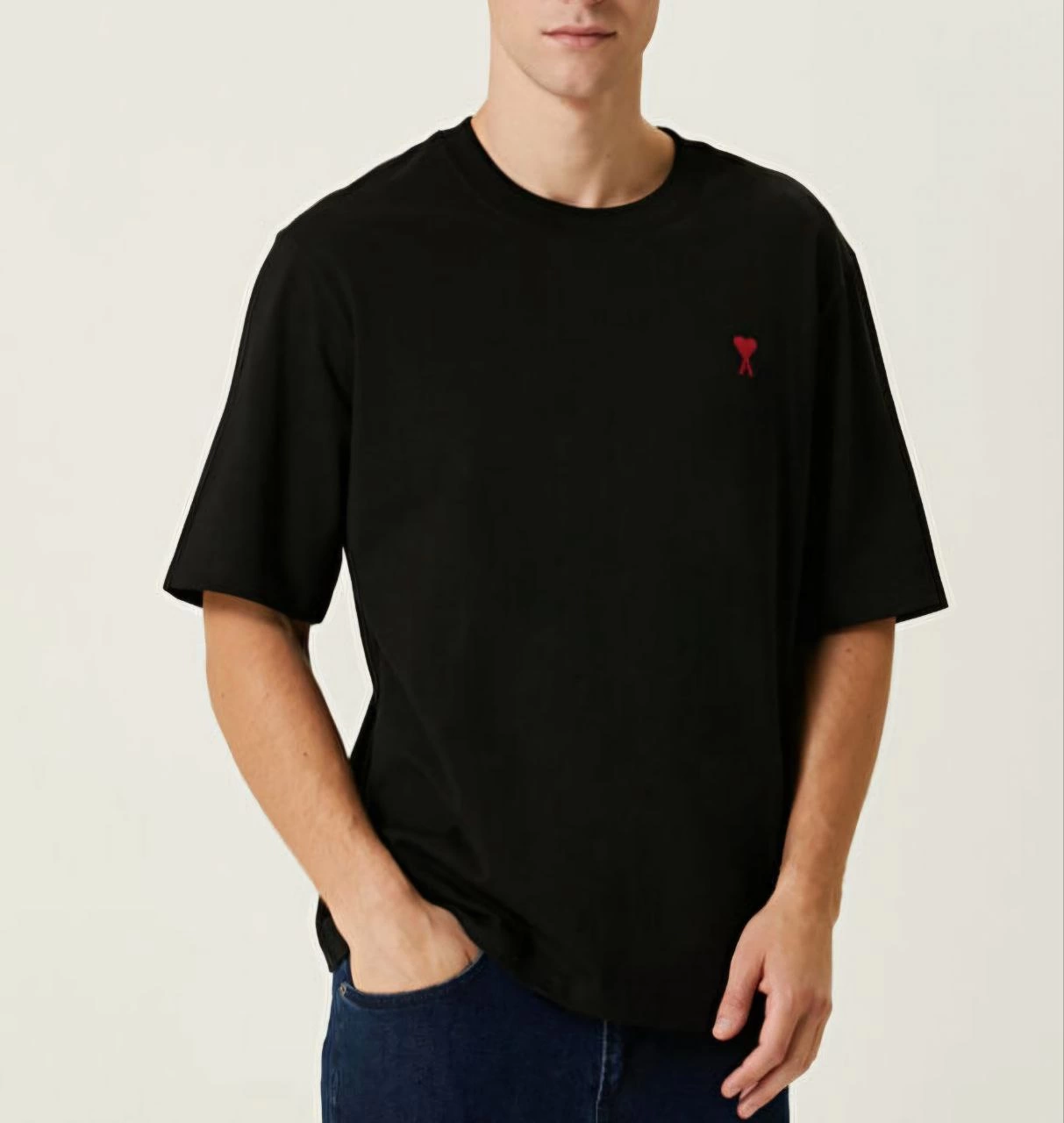 Erkek Kısa Kol Tişört Bisiklet Yaka KALP Baskılı Oversize T-Shirt – Siyah