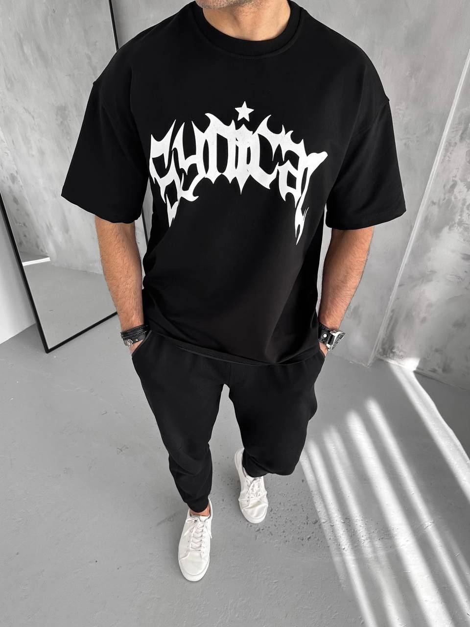 Erkek Tişört Bisiklet Yaka Baskılı Oversize Kısa kol T-Shirt – Siyah