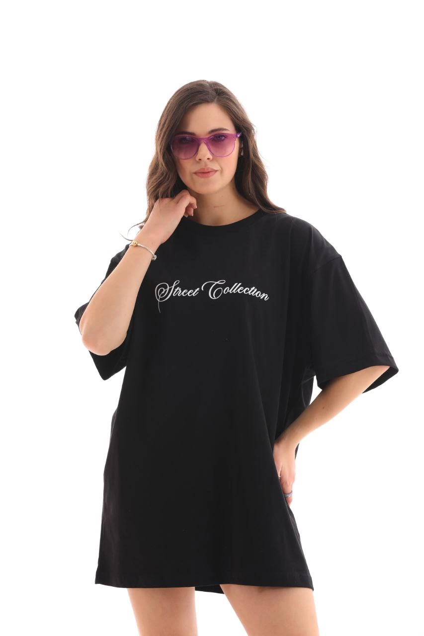 Kadın Baskılı T-Shirt Kısa Kol Bisiklet Yaka Oversize Rahat Kalıp Günlük Tişört – Siyah