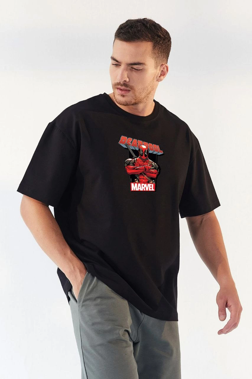 Erkek Baskılı T-Shirt Kısa Kol Bisiklet Yaka Rahat Kalıp Tişört – Siyah
