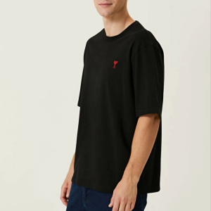 Erkek Kısa Kol Tişört Bisiklet Yaka KALP Baskılı Oversize T-Shirt – Siyah