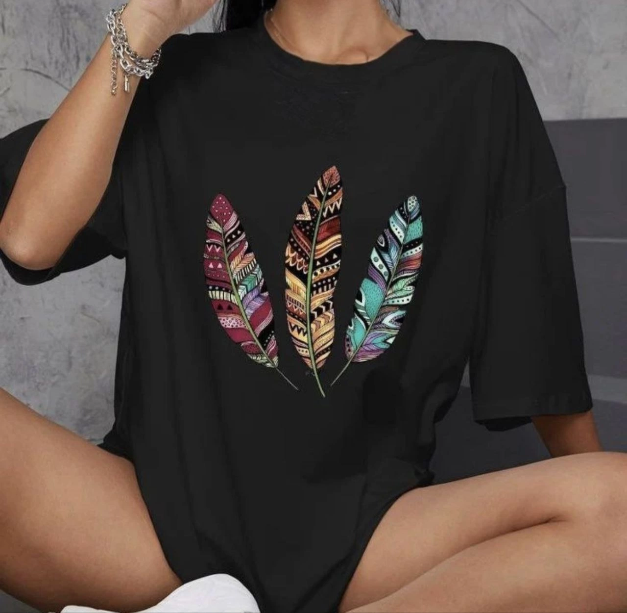 Kadın Baskılı T-Shirt Kısa Kol Bisiklet Yaka Oversize Rahat Kalıp Günlük Tişört – Siyah
