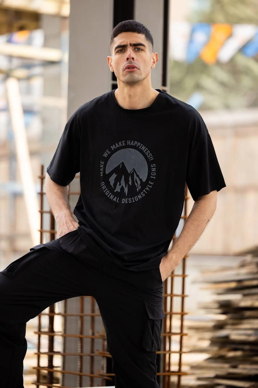 Erkek Baskılı T-Shirt Kısa Kol Bisiklet Yaka Regular Fit Rahat Kalıp Günlük Tişört – Siyah