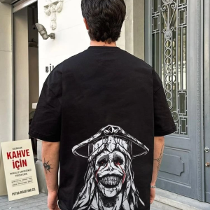 Erkek Kısa Kol Tişört Bisiklet Yaka Yıldırım Baskılı Oversize T-Shirt – Siyah