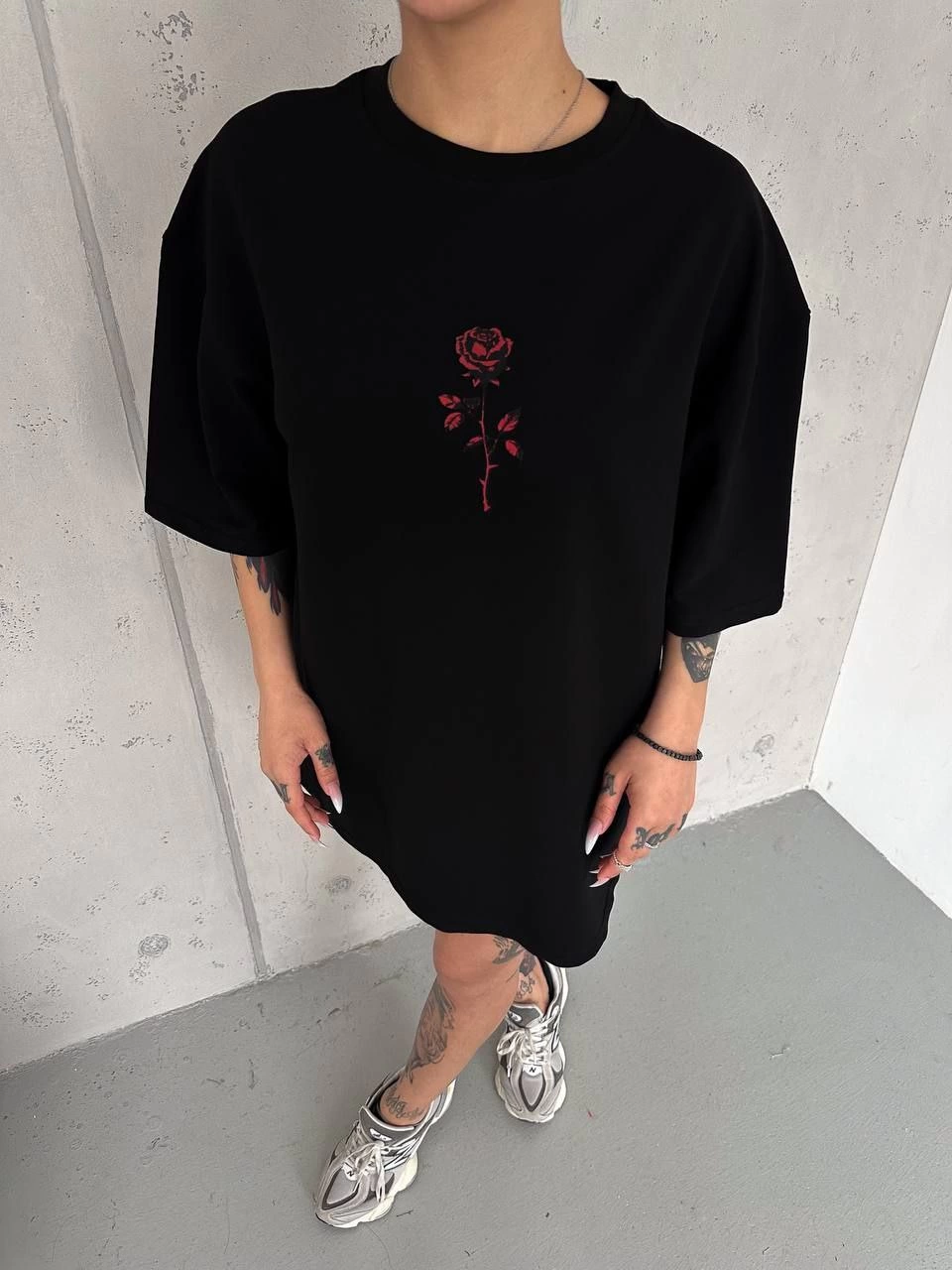 kadın Bisiklet Yaka Baskılı Oversize Kısa kol T-Shirt – Siyah