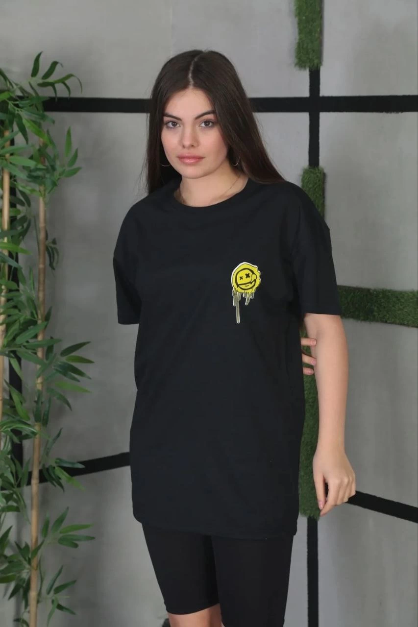 Kadın Bisiklet Yaka Baskılı Kısa kol Oversize T-Shirt – Siyah