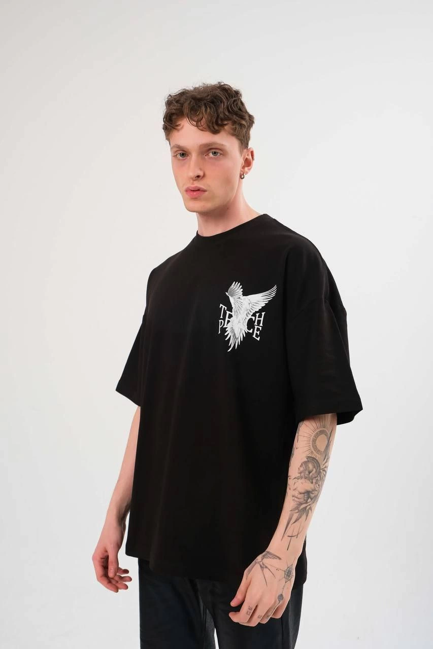 Erkek Kısa Kol Yazlık Tişört Bisiklet Yaka Baskılı Oversize T-Shirt – Siyah