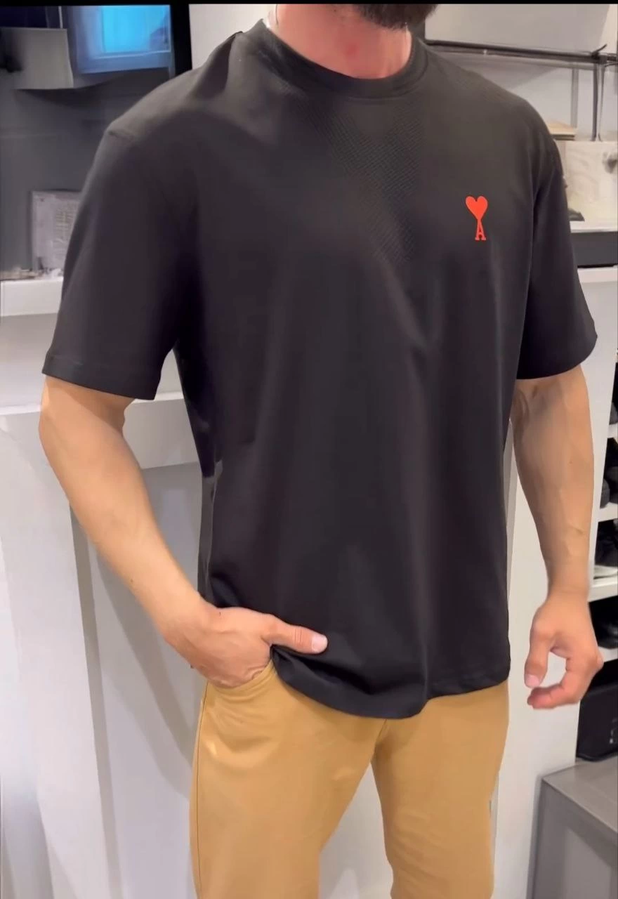 Erkek Kısa Kol Tişört Bisiklet Yaka KALP Baskılı Oversize T-Shirt – Siyah