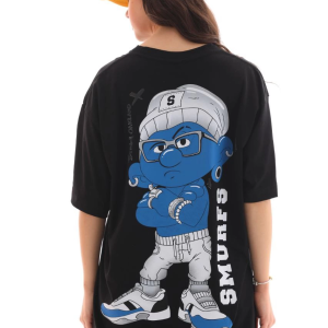 Kadın Kısa Kol Yazlık Tişört Bisiklet Yaka Baskılı Oversize T-Shirt – Siyah