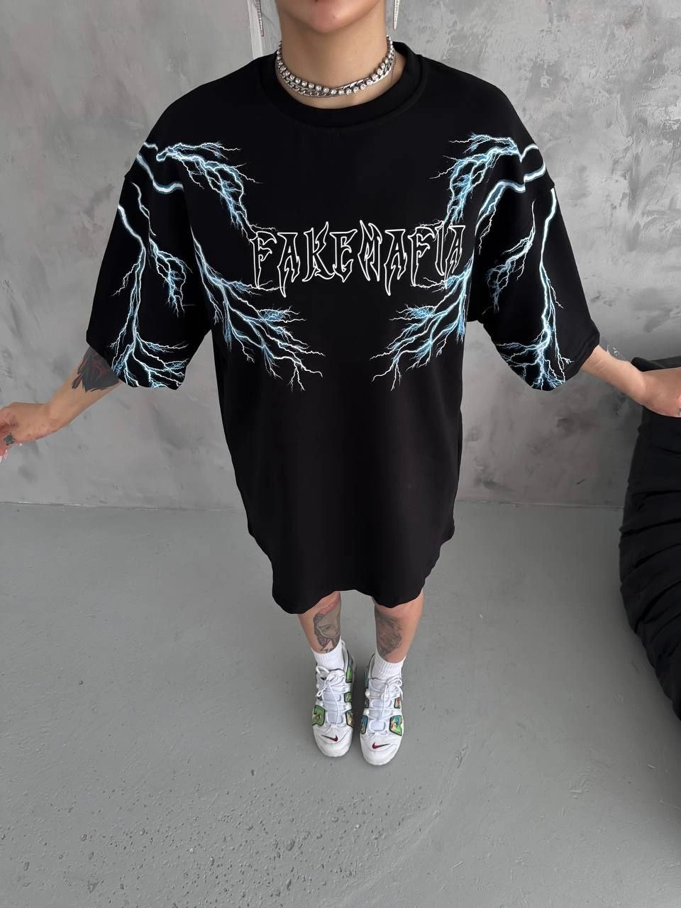 Kadın Bisiklet Yaka Baskılı Kısa kol Oversize T-Shirt – Siyah