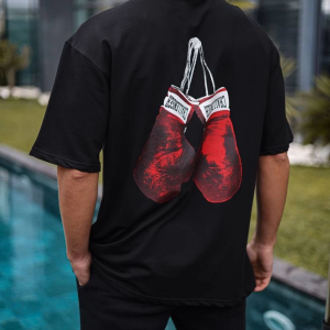 Erkek Kısa Kol Tişört Bisiklet Yaka Box Eldiven Baskılı T-Shirt – Siyah