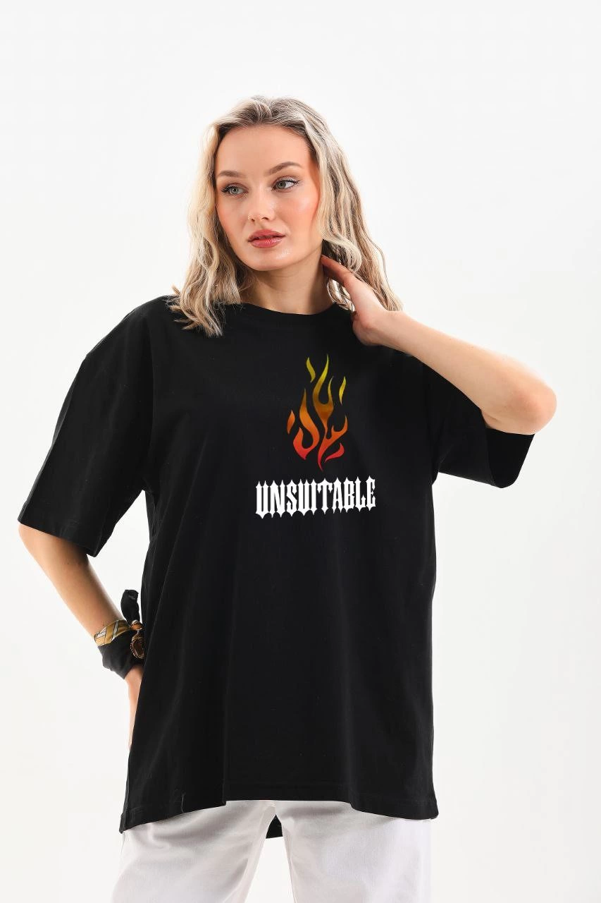 Kadın Baskılı T-Shirt Kısa Kol Bisiklet Yaka Oversize Rahat Kalıp Günlük Tişört – Siyah