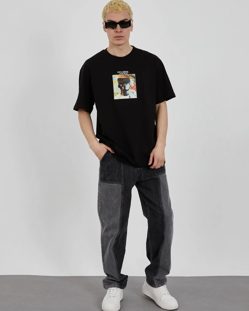 Erkek Kısa Kol Yazlık Tişört Bisiklet Yaka Baskılı Oversize T-Shirt – Siyah