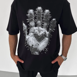 Erkek Baskılı T-Shirt Kısa Kol Bisiklet Yaka Regular Fit Rahat Kalıp Günlük Tişört – Siyah