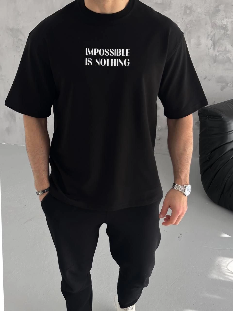 ERKEK Tişört Bisiklet Yaka Baskılı Oversize Kısa kol T-Shirt – Siyah