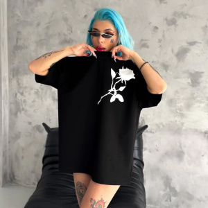 kadın Bisiklet Yaka Baskılı Oversize Kısa kol T-Shirt – Siyah