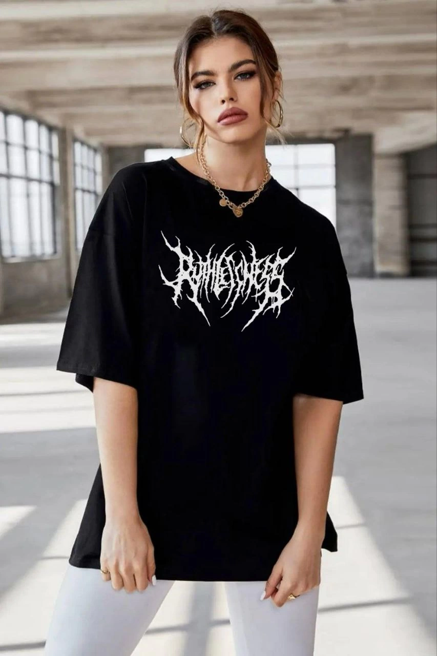 Kadın Baskılı T-Shirt Kısa Kol Bisiklet Yaka Oversize Rahat Kalıp Günlük Tişört – Siyah