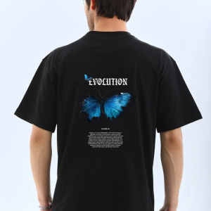 Erkek Kısa Kol Yazlık Tişört Bisiklet Yaka KELEBEK Baskılı T-Shirt – Siyah