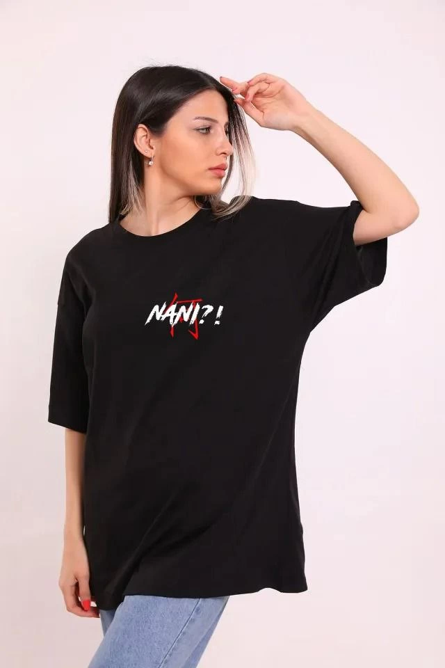 Kadın Kısa Kol Yazlık Tişört Bisiklet Yaka Baskılı Oversize T-Shirt – Siyah