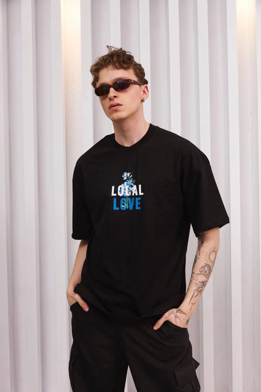 ERKEK Bisiklet Yaka Baskılı Oversize Kısa kol T-Shirt – Siyah