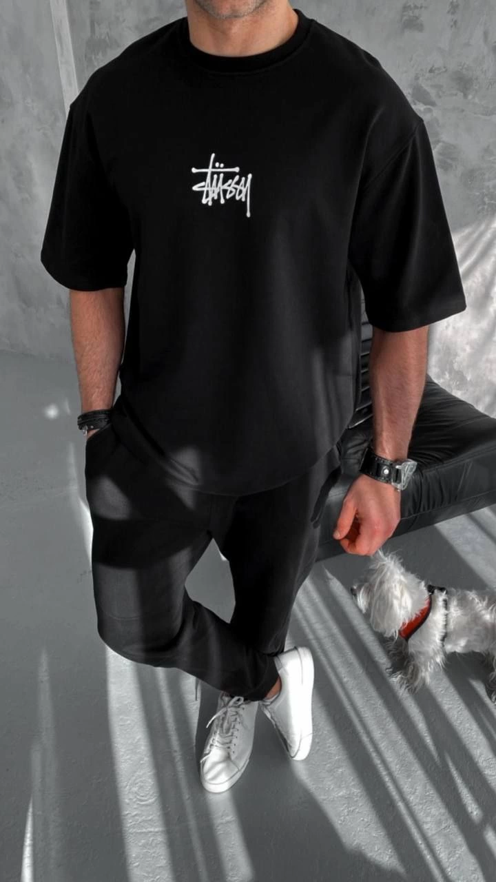 Erkek Kısa Kol Yazlık Tişört Bisiklet Yaka Baskılı Oversize T-Shirt – Siyah