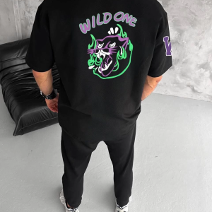 Erkek Kısa Kol Tişört Bisiklet Yaka W Wildone Baskılı T-Shirt – Siyah