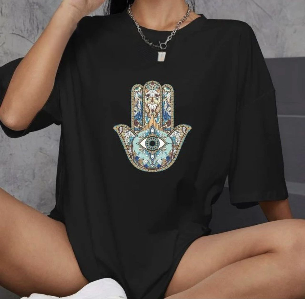 Kadın Baskılı T-Shirt Kısa Kol Bisiklet Yaka Oversize Rahat Kalıp Günlük Tişört – Siyah