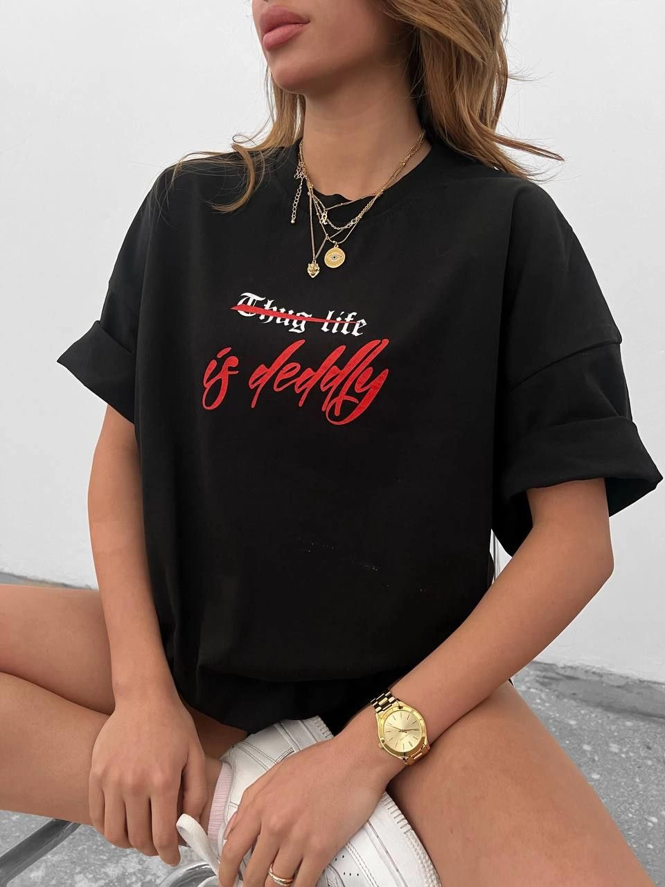 kadın Bisiklet Yaka Baskılı Oversize Kısa kol T-Shirt – Siyah
