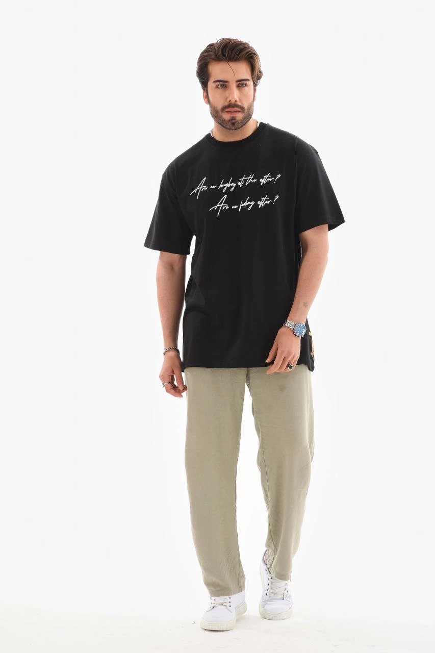 Erkek Kısa Kol Yazlık Tişört Bisiklet Yaka Baskılı Oversize T-Shirt – Siyah