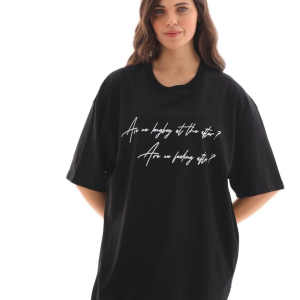 Kadın Kısa Kol Yazlık Tişört Bisiklet Yaka Baskılı Oversize T-Shirt – Siyah