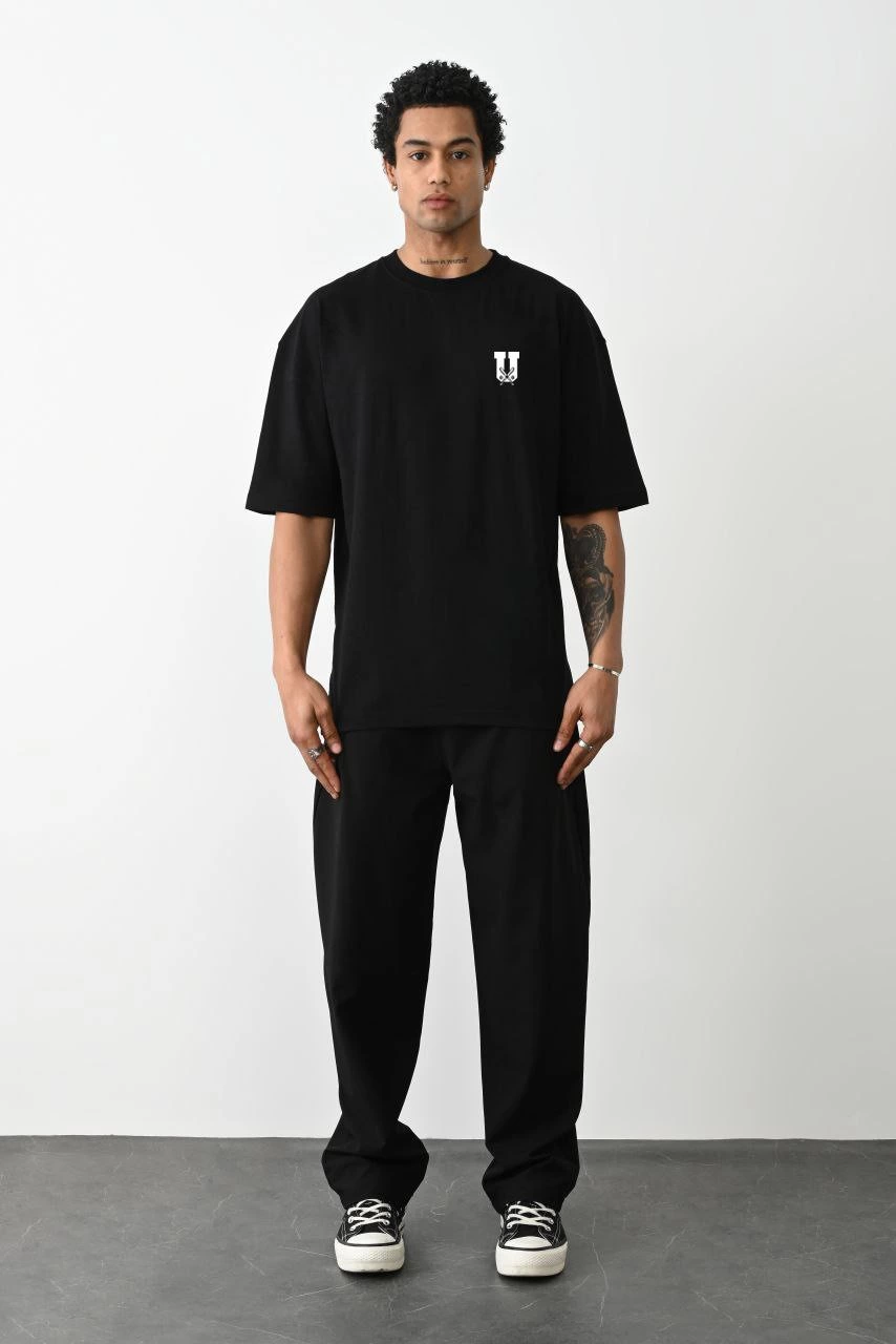 Erkek Kısa Kol Yazlık Tişört Bisiklet Yaka Baskılı Oversize T-Shirt – Siyah