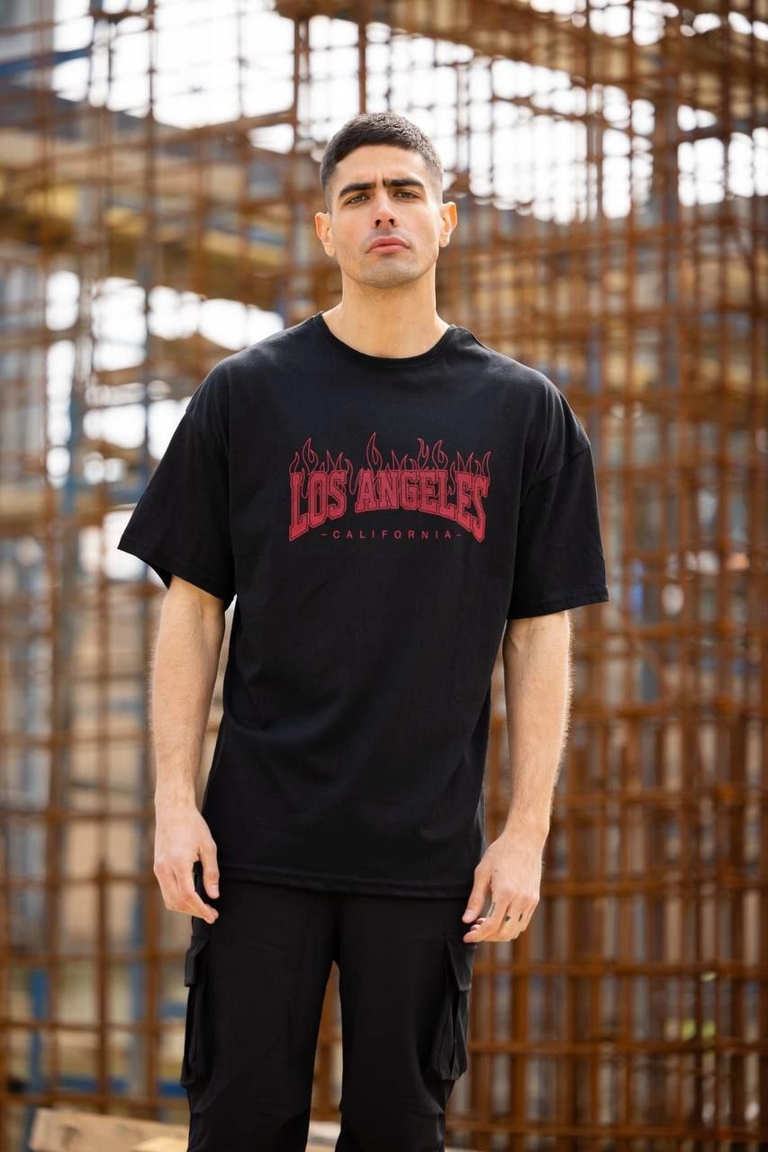 Erkek Kısa Kol Tişört Bisiklet Yaka LOS ANGELES Baskılı T-Shirt – Siyah