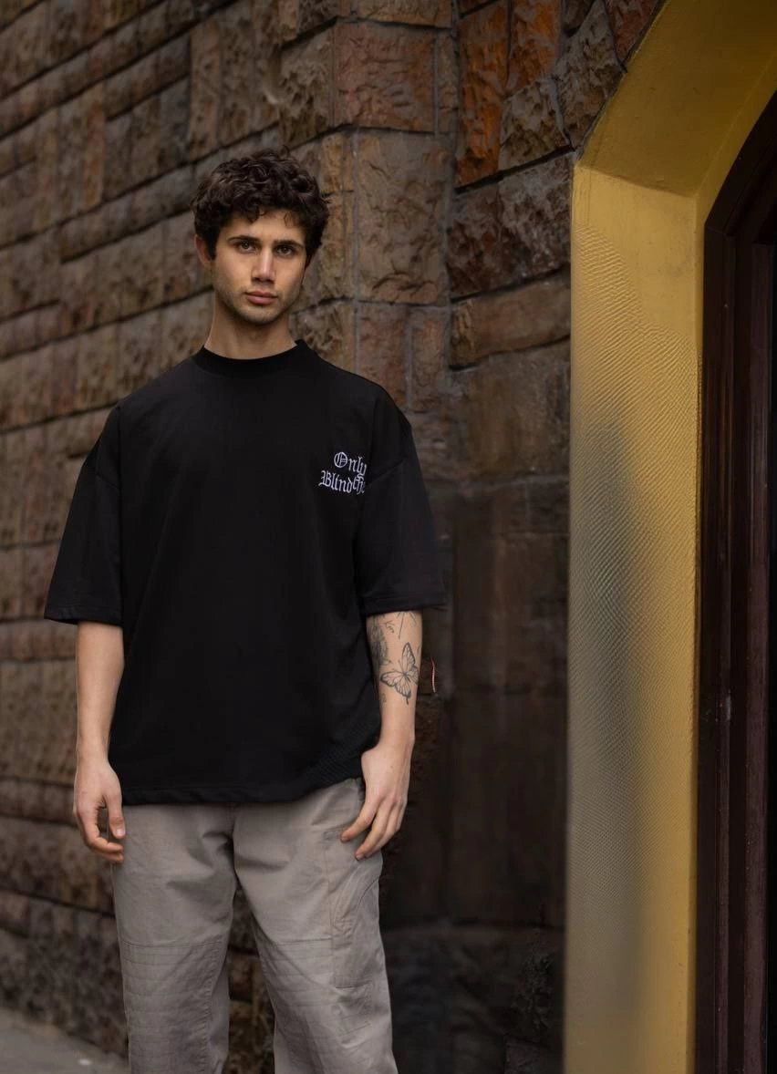Erkek Kısa Kol Yazlık Tişört Bisiklet Yaka Baskılı Oversize T-Shirt – Siyah