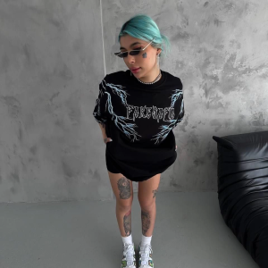 Kadın Bisiklet Yaka Baskılı Kısa kol Oversize T-Shirt – Siyah