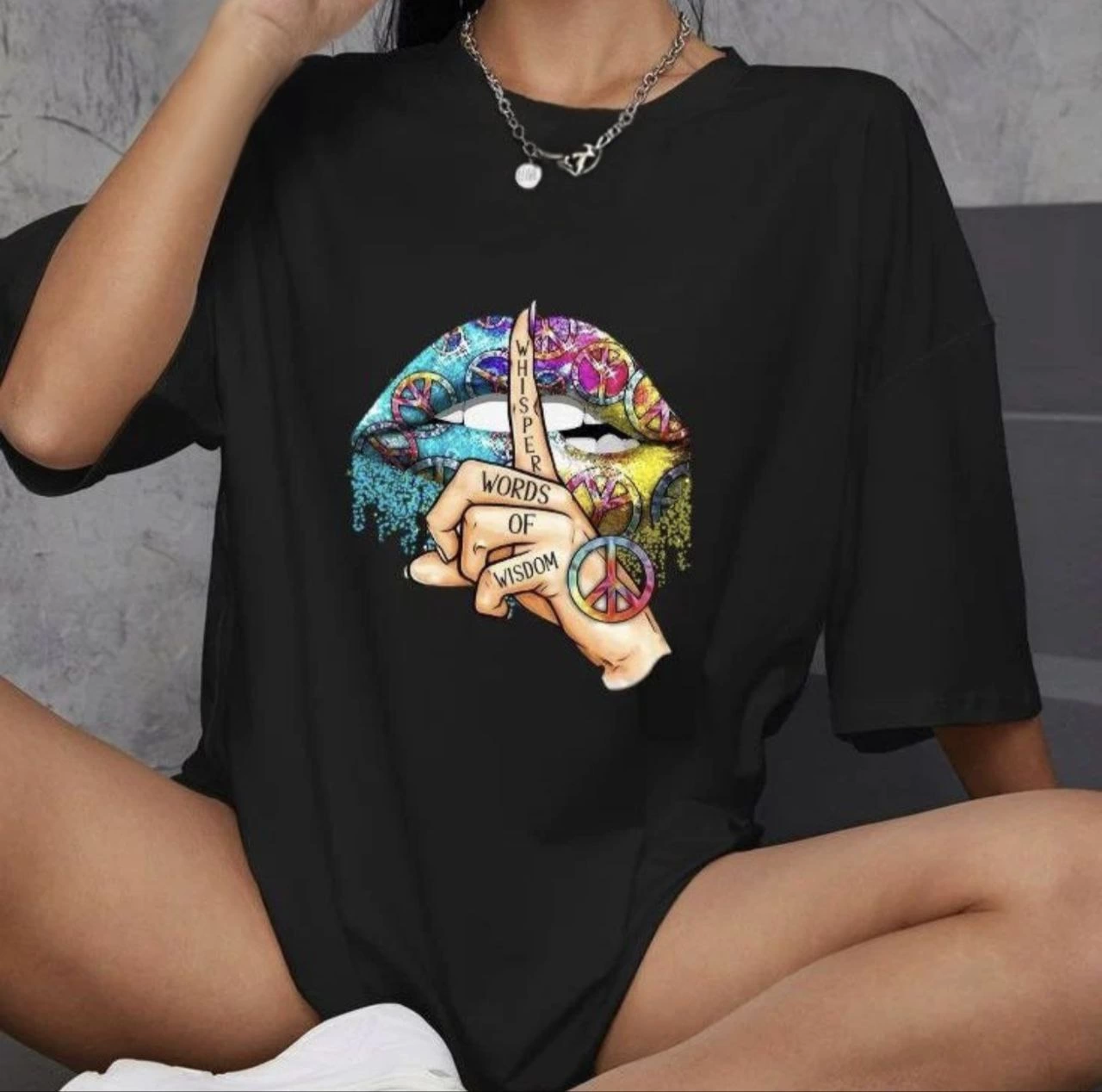 Kadın Baskılı T-Shirt Kısa Kol Bisiklet Yaka Oversize Rahat Kalıp Günlük Tişört – Siyah