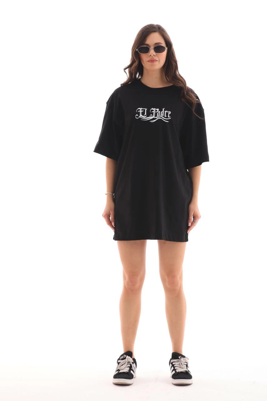Kadın Kısa Kol Yazlık Tişört Bisiklet Yaka Baskılı Oversize T-Shirt – Siyah