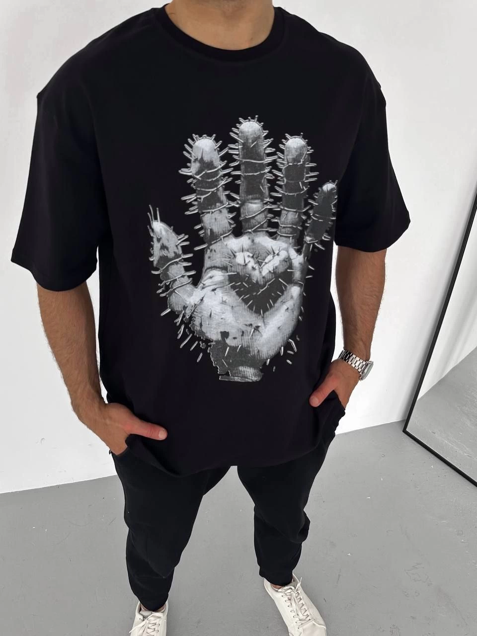 Erkek Baskılı T-Shirt Kısa Kol Bisiklet Yaka Regular Fit Rahat Kalıp Günlük Tişört – Siyah