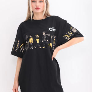 Kadın Kısa Kol Yazlık Tişört Bisiklet Yaka Baskılı Oversize T-Shirt – Siyah