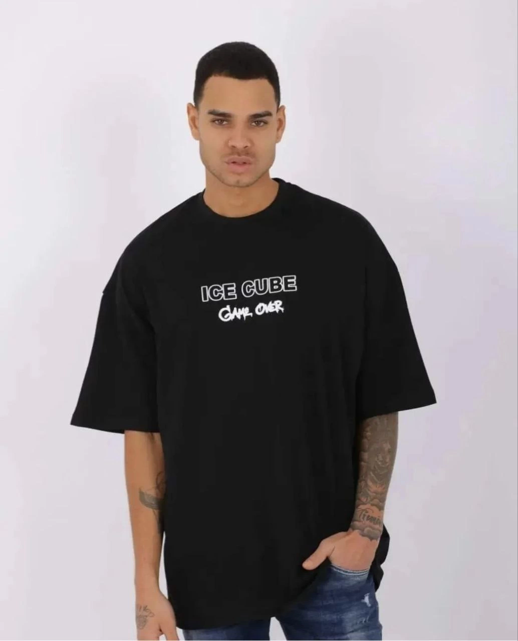 Erkek Kısa Kol Yazlık Tişört Bisiklet Yaka Baskılı Oversize T-Shirt – Siyah