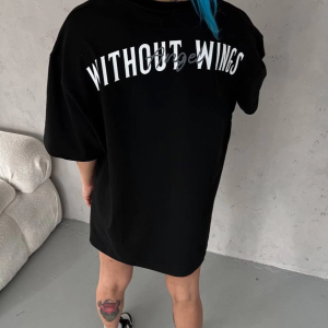 Kadın Kısa Kol Yazlık Tişört Bisiklet Yaka Baskılı Oversize T-Shirt – Siyah