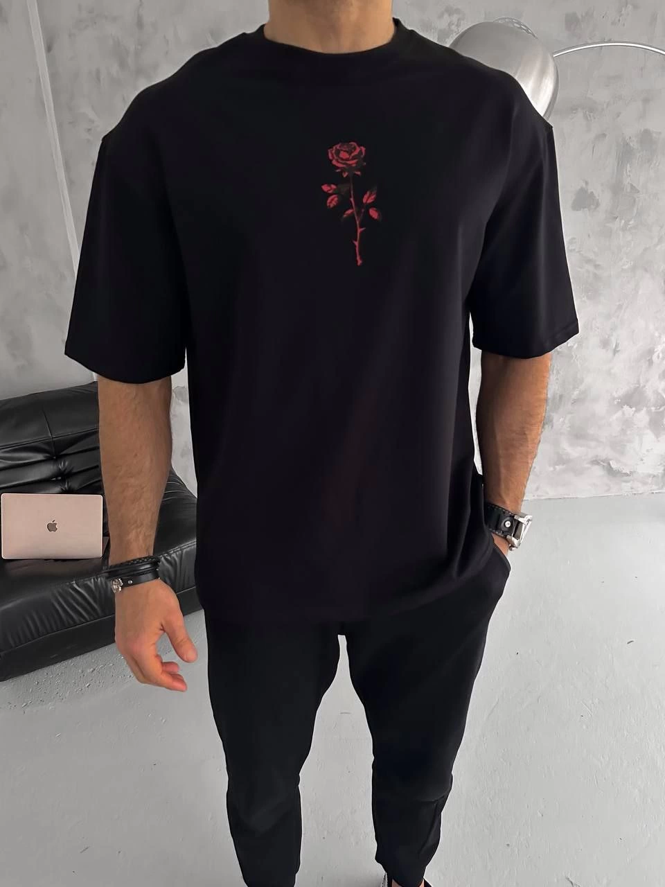 Erkek Bisiklet Yaka Baskılı Oversize Kısa kol T-Shirt – Siyah