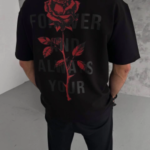 Erkek Bisiklet Yaka Baskılı Oversize Kısa kol T-Shirt – Siyah