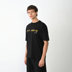 Erkek Baskılı T-Shirt Kısa Kol Bisiklet Yaka Regular Fit Rahat Kalıp Günlük Tişört – Siyah