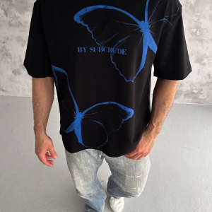 Erkek Kısa Kol Yazlık Tişört Bisiklet Yaka Baskılı Oversize T-Shirt – Siyah
