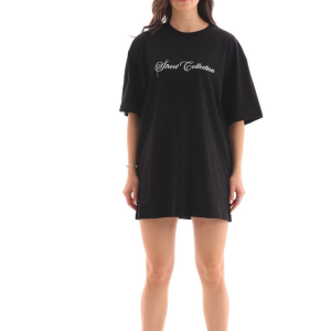 Kadın Baskılı T-Shirt Kısa Kol Bisiklet Yaka Oversize Rahat Kalıp Günlük Tişört – Siyah