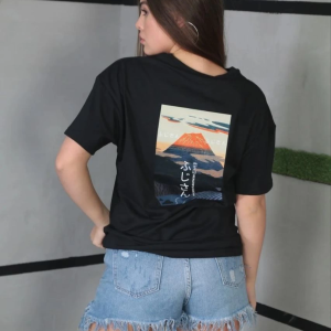 Kadın Bisiklet Yaka Baskılı Kısa kol Oversize T-Shirt – Siyah