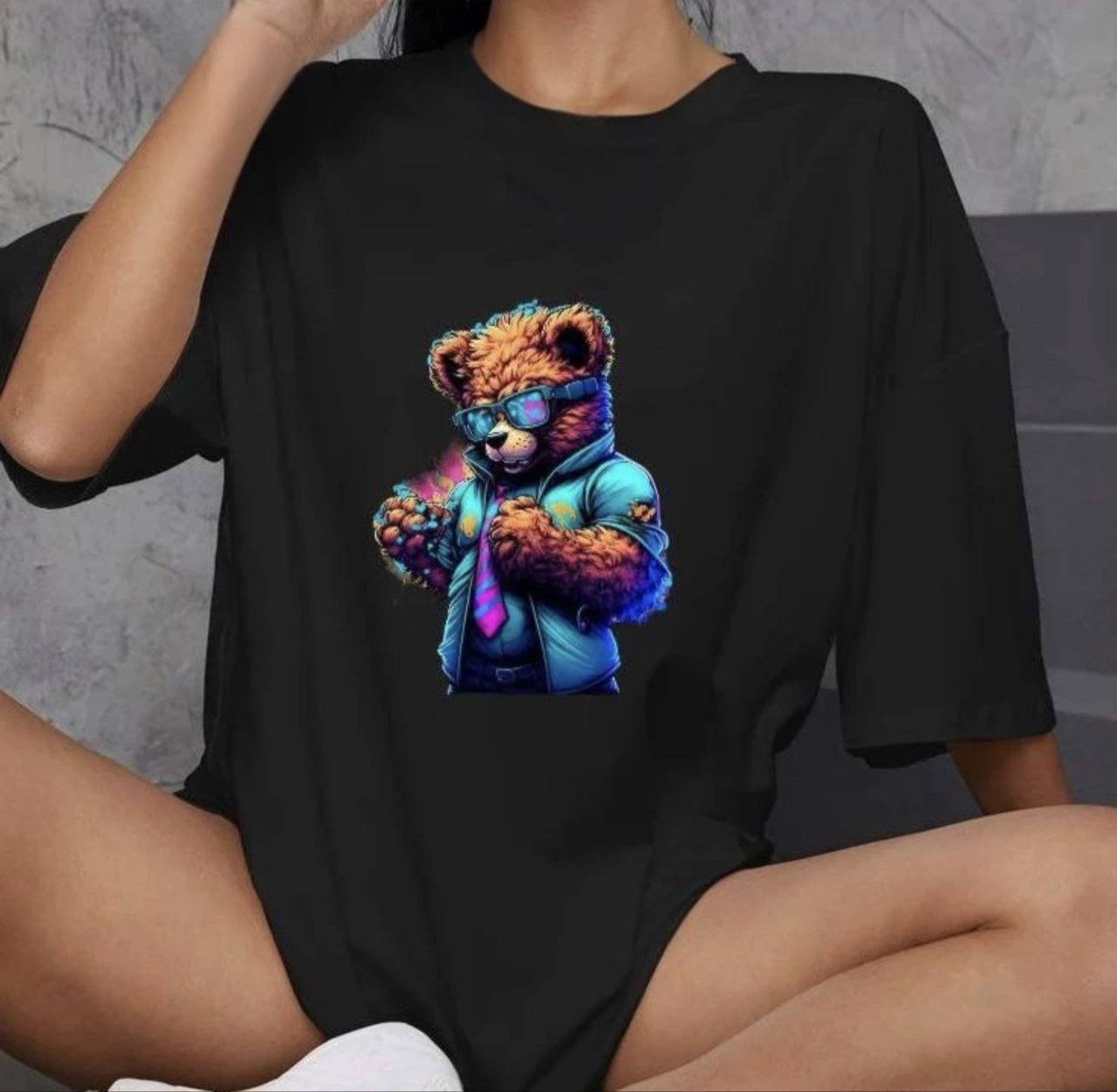 Kadın Baskılı T-Shirt Kısa Kol Bisiklet Yaka Oversize Rahat Kalıp Günlük Tişört – Siyah