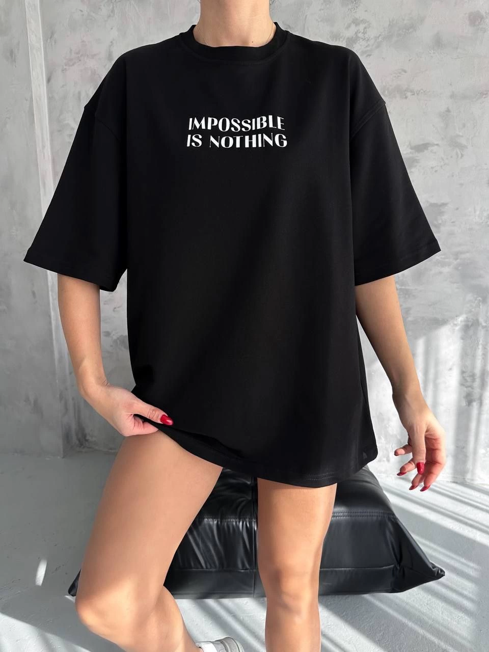 kadın Bisiklet Yaka Baskılı Oversize Kısa kol T-Shirt – Siyah