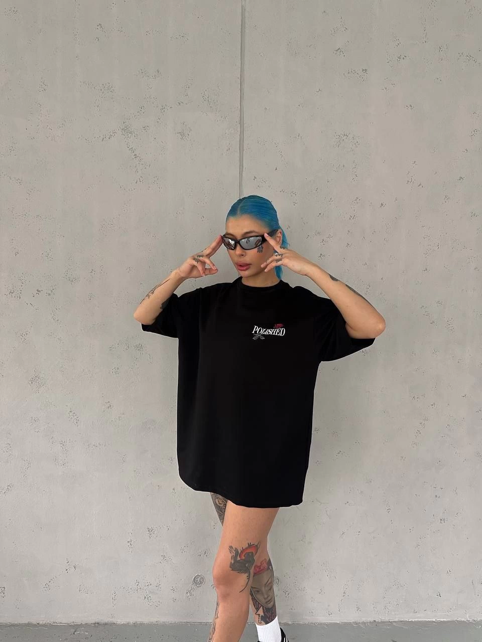 Kadın Bisiklet Yaka Baskılı kısa kol Oversize T-Shirt – Siyah